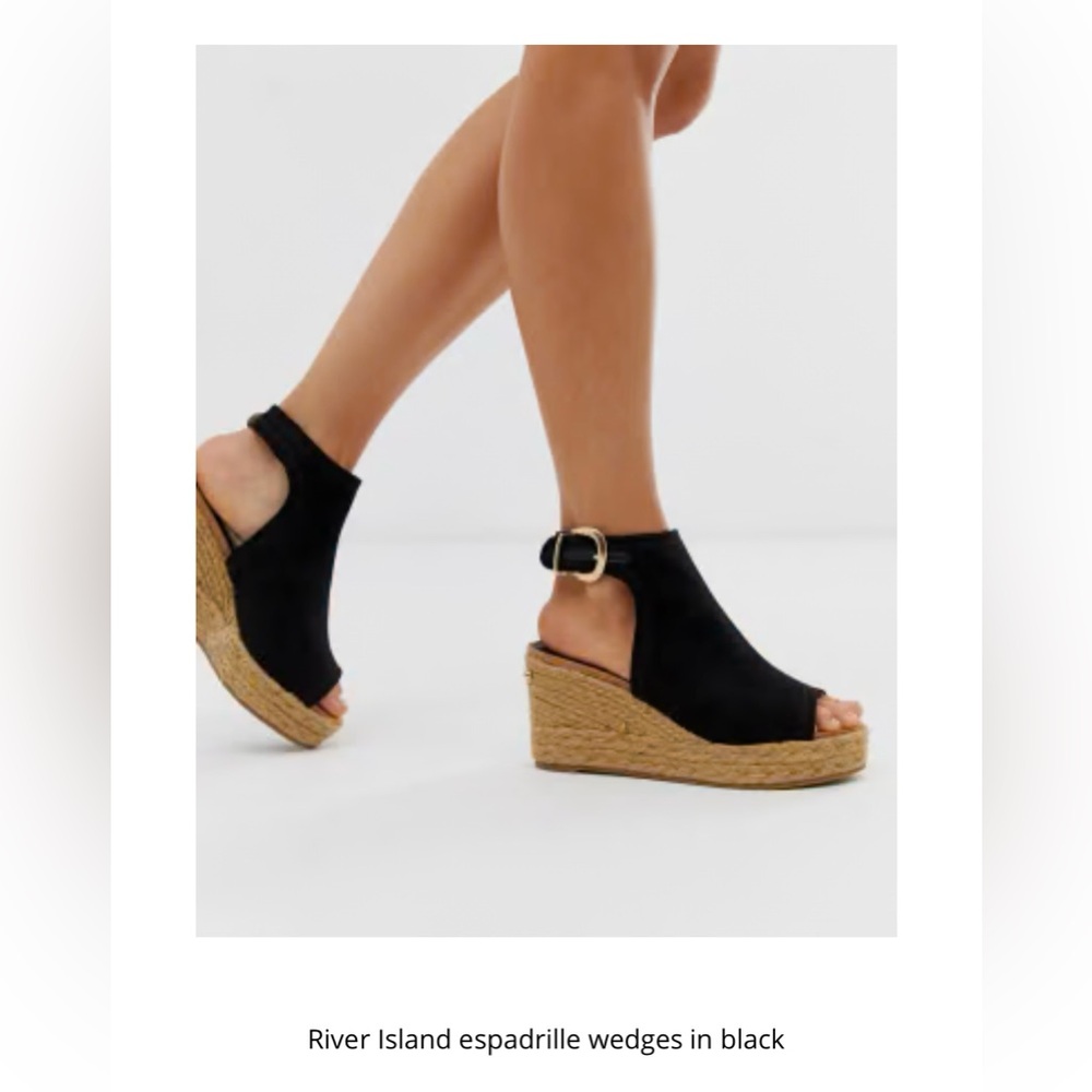 River Island Black and Tan Wedge Sandals with Ankle Strap EUC